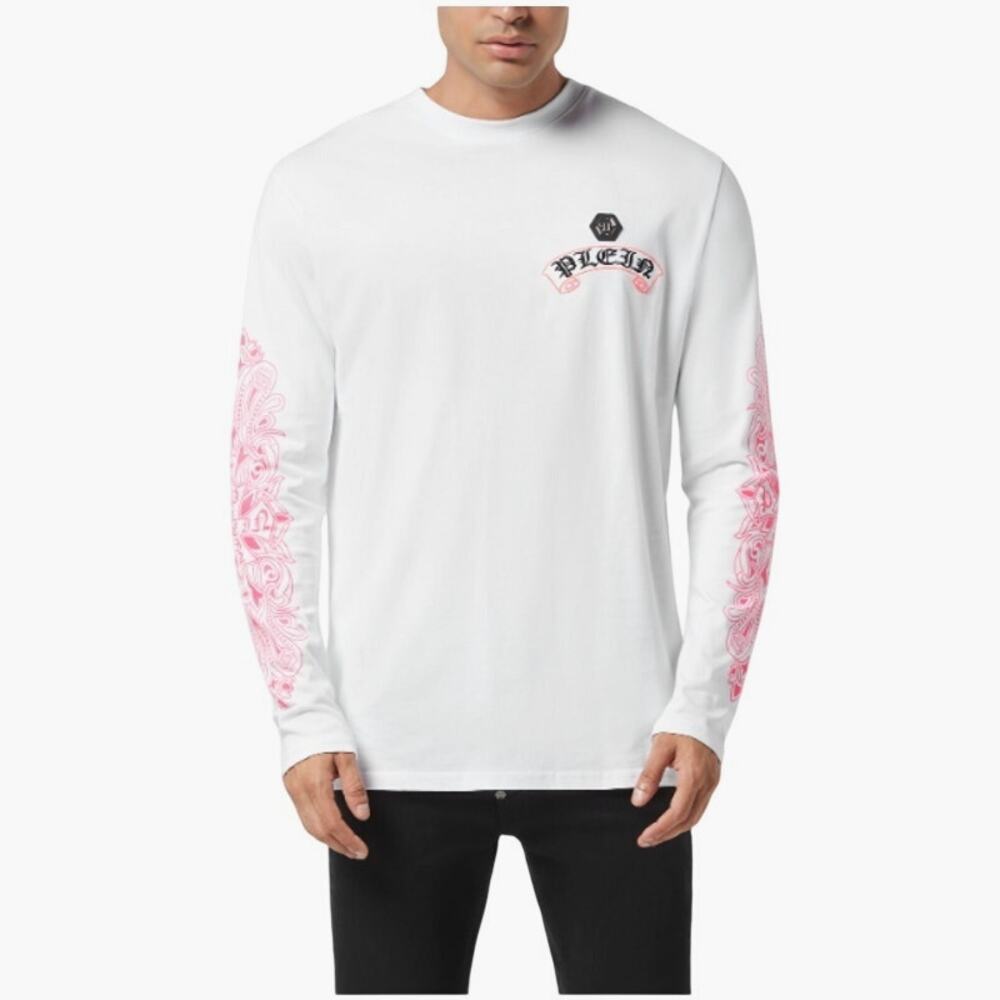 Philipp Plein Men's White Fuxiafluo Chrome Crest  Long Sleeve T-Shirt Size M